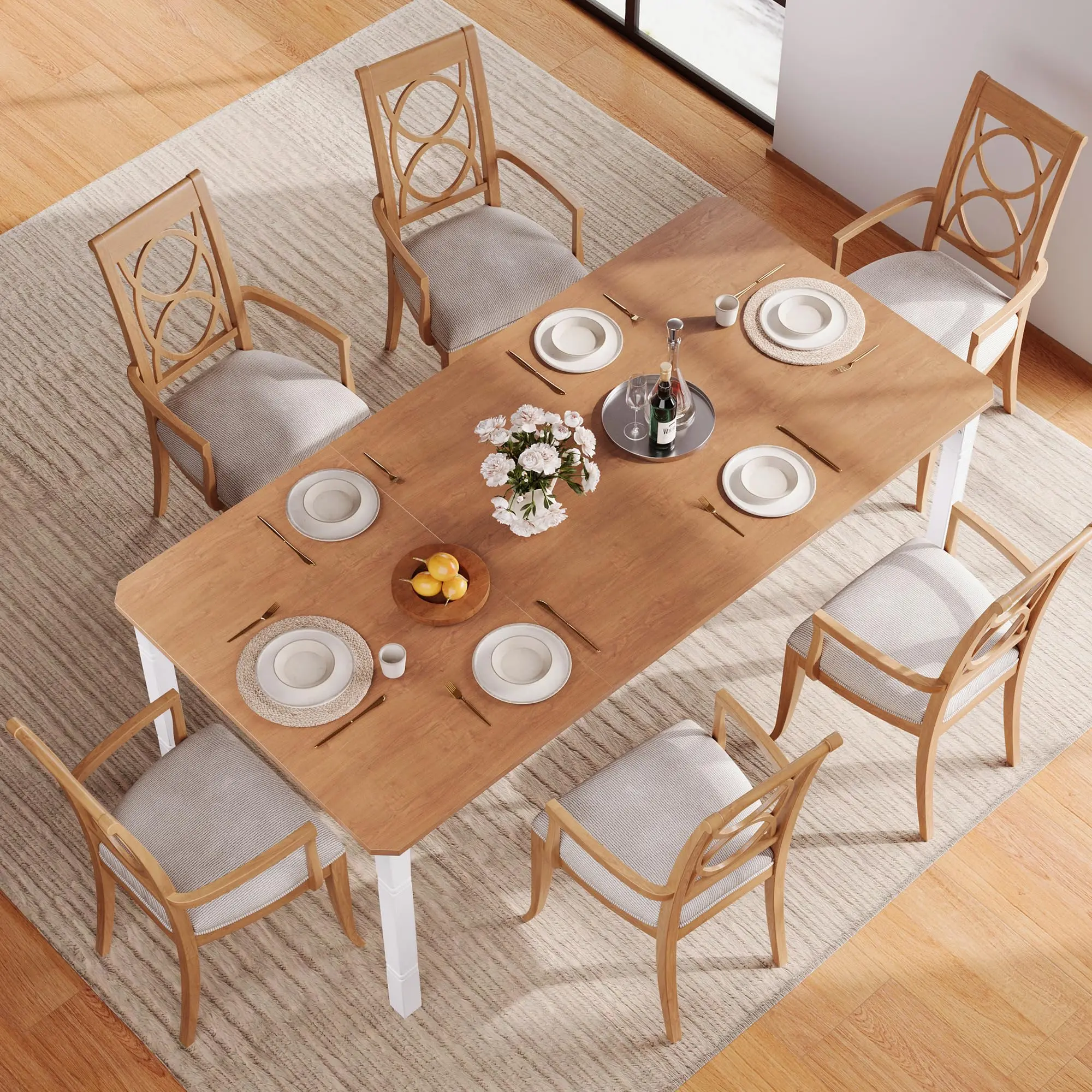 Garvee 79" Large Wooden Dining Table for 6-8 with Sturdy Metal Frame & White Legs - Vintage Farmhouse Indoor Dining Room Table