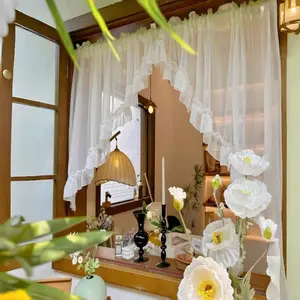 French Romantic Creamy Lace Curtains, Princess Style Pleated Kitchen Window Drapes, Pure Color Transparent Dining Room Decor, Home Decoration Curtain