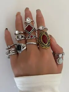 13-Piece Vintage Rhinestone Ring Set, Elegant Rhinestone Ring, Fake Gemstone Rings for Women, Perfect for Daily Wear, Concerts, Parties, Stackable Design, Stackable Finger Rings