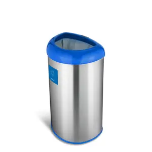 NINESTARS AMZ-OTT-50-19BK Open Top Office Bathroom Trash Can, 13 Gal 50L, Stainless Steel Base Garbage Bin (D Shape, Black Lid)
