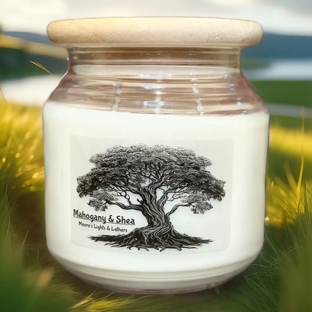 Mahogany & Shea | Hand-Poured Pure Soy Candle Sink into a warm, year-round embrace with rich mahogany, creamy shea, sandalwood, cedar, musk, and a hint of tonka bean. Cozy luxury starts here.