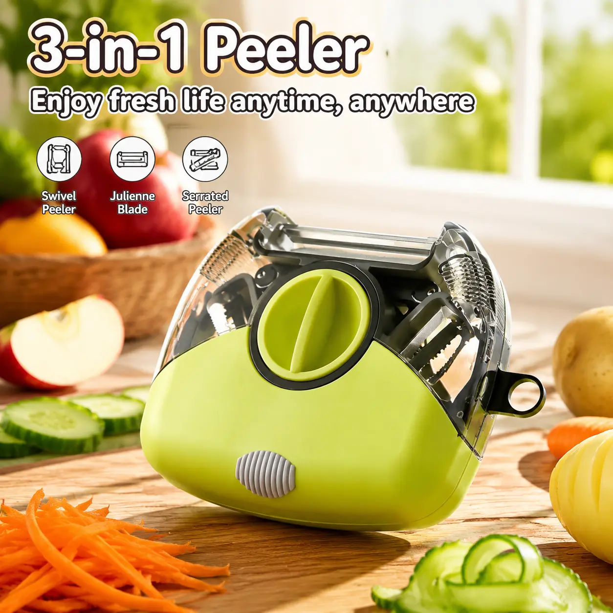 3-in-1 Stainless Steel Vegetable Peeler - Smooth Peeling Kitchen Gadget with Julienne Blade, Slicing Function, Hanging Design for Home Cooks, Daily Meal Prep, Cooking