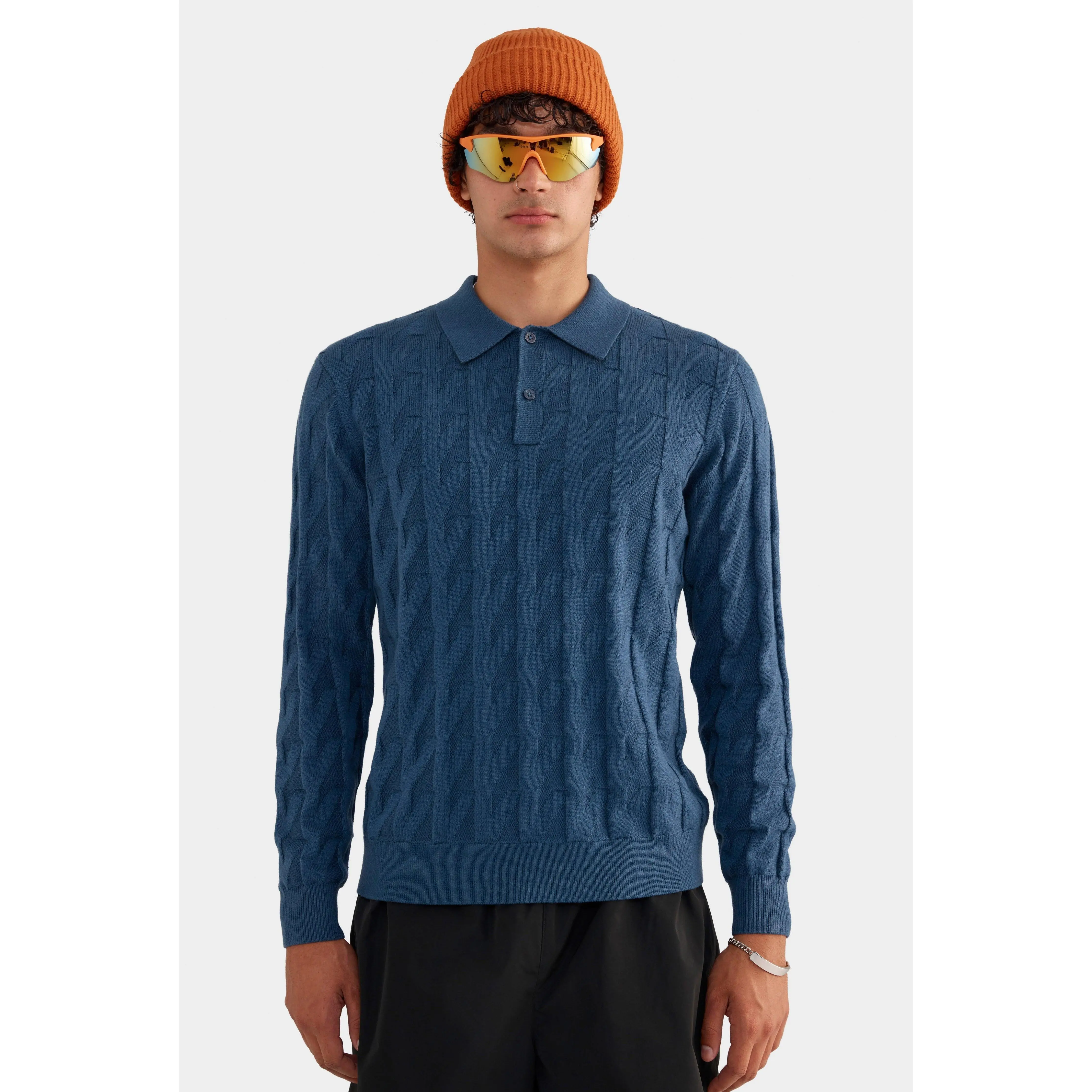Wool Cotton Monogram Polo - Dark Slate Blue