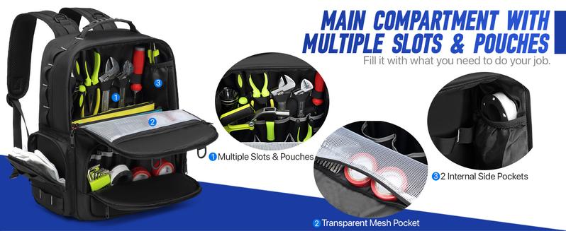 Tool Backpack Heavy Duty for Men - 3 Tool Pouches Work Tool Bag for Electrician Industrial Construction HVAC Techs Repairman, Large Space & Durable