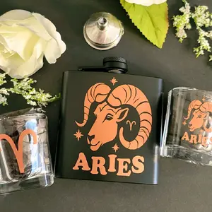 Aries Zodiac Stainless Steel Flask Set Bold Ram Edition 6 oz Flask 2 oz Shotglasses Mini Funnel Bright Rose Gold Detailing Durable Matte Finish Perfect for Astrology Lovers and Gifts Drinkware