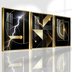 3 Counts Aluminum Alloy Framed Painting, Abstract Golden Geometric Lightning Art Pictures, Home Decoration For Living Room, Bedroom, Office, Restaurant, Hallway Wall Decor, Odorless Print Artwork, Luxury Perfect Gift For Friends And Family