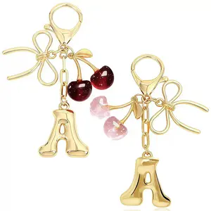 🍒Cherry Bow Initial Letter Keychain✨Gold Plated Bag Charm for Girls lizard keychain