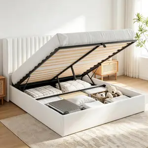 Lift Up Storage Bed Frame with Wingback Headboard, Modern Luxury Bedframe with Hydraulic Lifts, Space Saving Upholstered Platform Bedframe with Sturdy Wood Slats