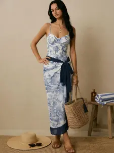 Curvvvy Blue Toile Swimsuit Set for Women, Porcelain Inspired One Piece with Cover Up Skirt, Elegant Oriental Style Beachwear, Summer Vacation Outfit, Classy Resort Wear, Pool Party Swimsuit