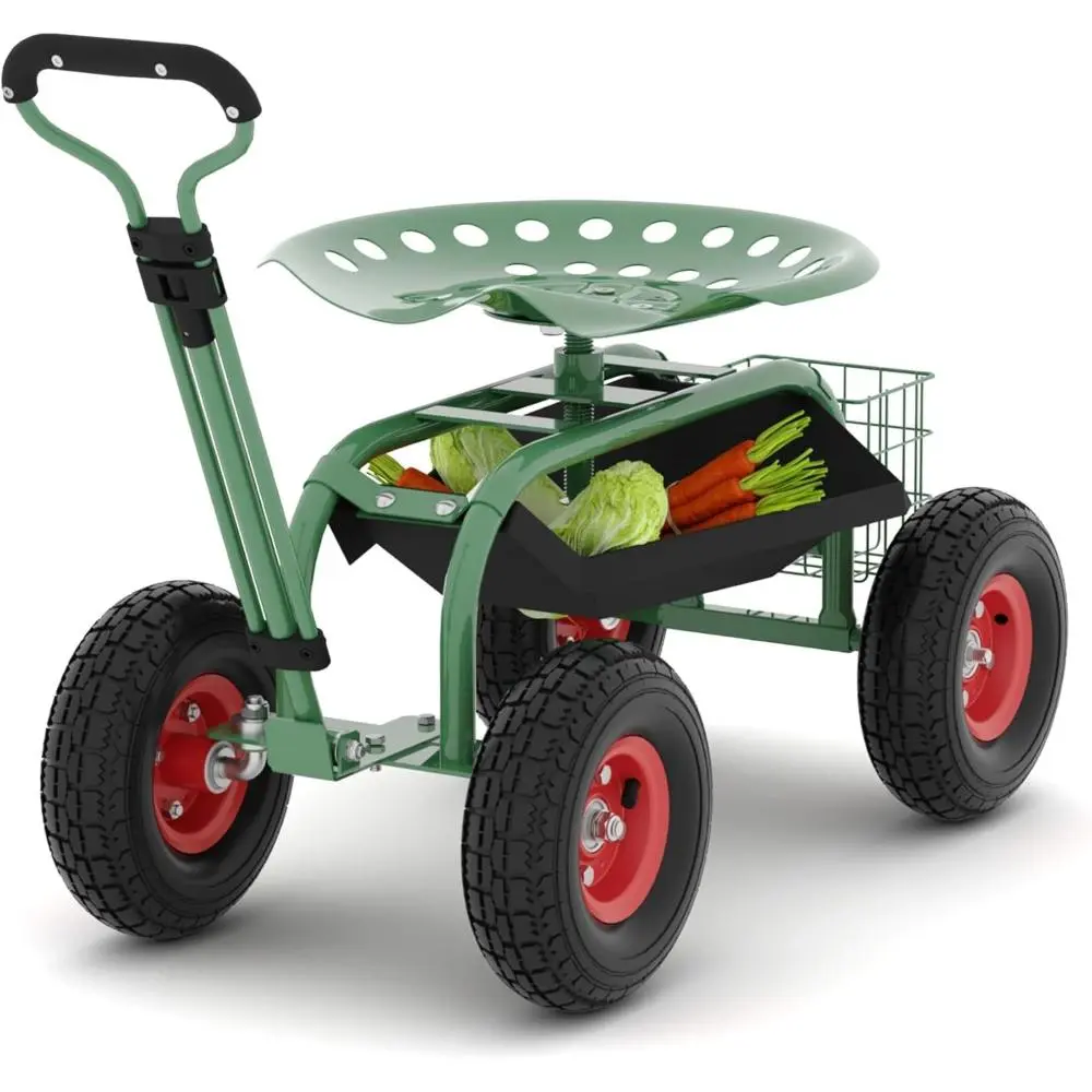 Green Portable Rolling Garden Workstation - Steel Frame Portable Stool with 330lb Capacity, 360° Swivel Seat, Height Adjust. Handle, Removable Tool Tray, All-Terrain Rubber Wheels, Keeps Tools Accessible