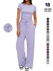 Women's Minimalist Lounge Set：Slim Short Tee & Drawstring Wide Leg Pants | Chic 2 Piece Co-ord for Travel, Airport Outfit & Urban Casual