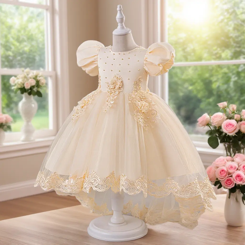 6014 Girls elegant light princess dress tulle skirt suitable for wedding and show puff sleeve princess gown dress