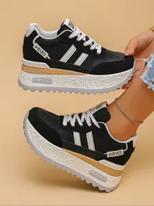 Fashionable Women's Wedge Heel Thick Sole Casual Athletic Sneaker Sports Shoes, PU Upper Material, Round Toe, Low Top, Spring & Fall, Medium Width
