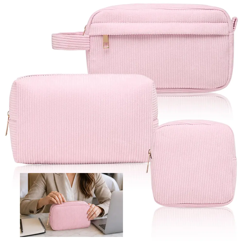 3-piece pink corduroy storage bag set with zipper closure, multi size makeup bag suitable for home storage or travel, used for storing cosmetics, skincare products, and toiletries