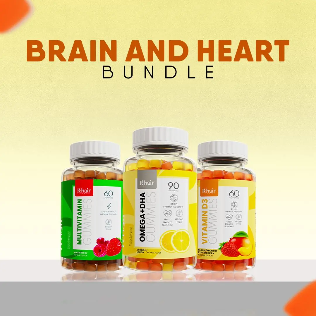 Khair Vitamins Brain and Heart Bundle with Omega + DHA, Vitamin D3, and Multivitamin Gummies for Natural Cognitive and Heart Health Support