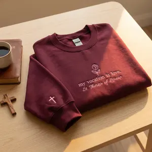 Embroidered My Vocation Is Love Sweatshirt, St Therese of Lisieux Crewneck Sweater, Inspirational Saint Quote Apparel, Catholic Saint Gift, Religious Gift for Women Men