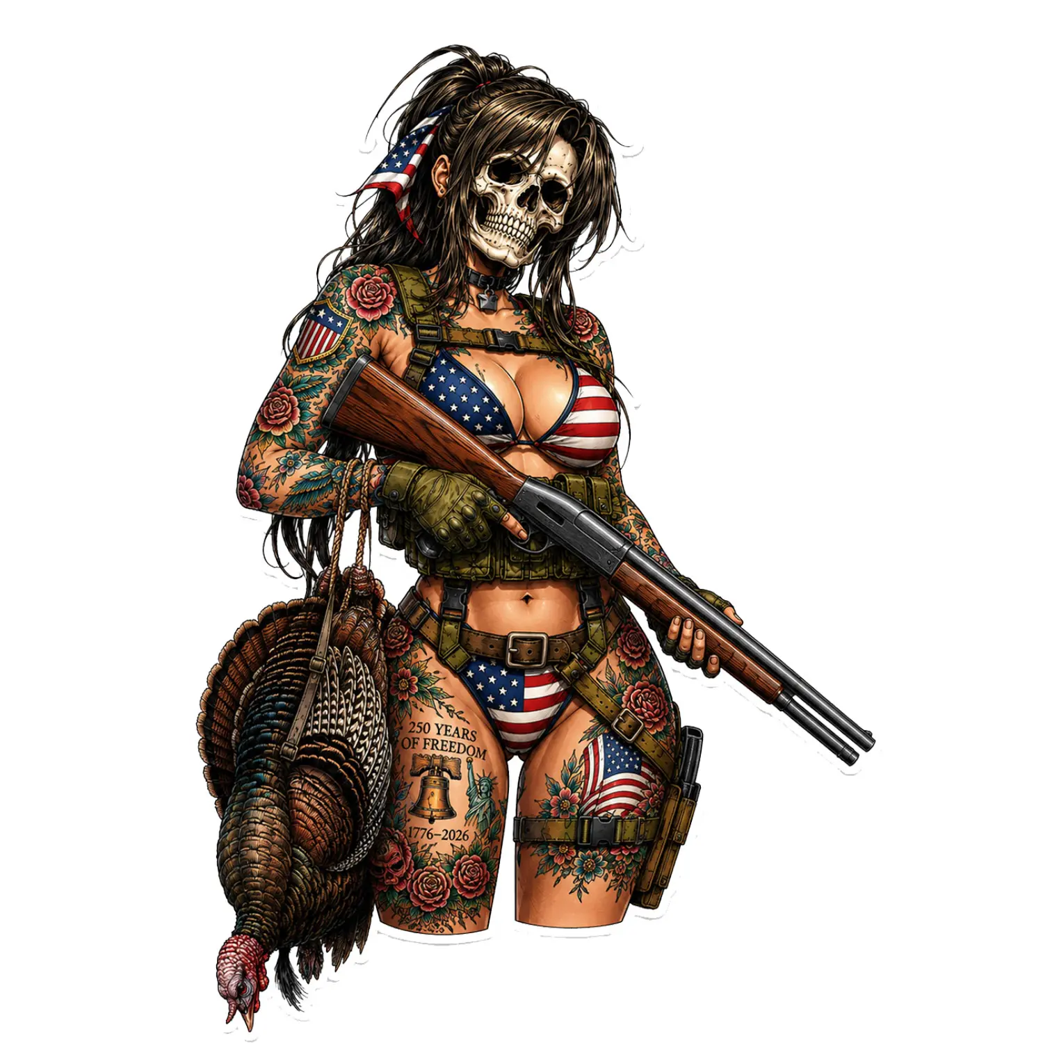 Patriotic Turkey Hunter Girl Sticker, Camo Outdoor Hunting Art, Detailed Skull Style Decal for Laptop Tumbler Car Window, Rustic Hunter Gift