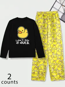 Men's Fashion Duck Series Set, Long Sleeve & Pants, Comfortable Drawstring Waist, Casual Daily Wear, Perfect Combination