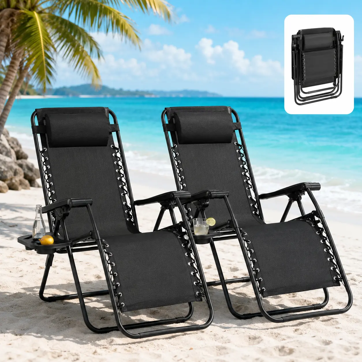 2-Pack Adjustable Reclining Outdoor Lounge Chairs - Foldable with Cup Holders for Camping, Beach, Backyard
