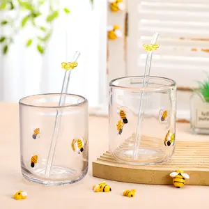 2 Set Bee Icon Juice Glass Cups - Cup With Straw 14 Oz Double Old Fashioned Cute Pattern Glassware For Tea  Water Milk Coffee Parties Gifts