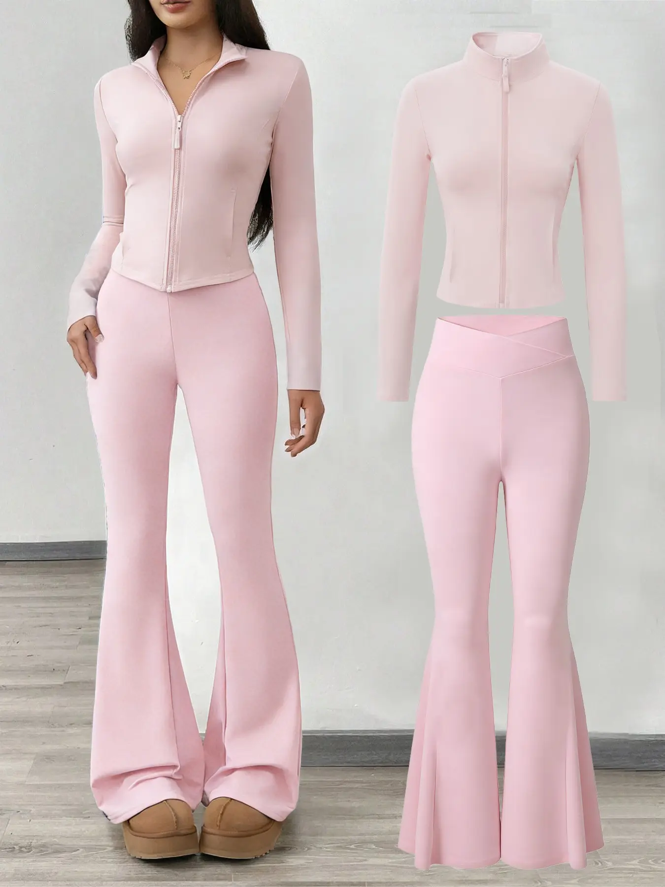 Women's Cute Zip-Up Crop Jacket & Flare Pants Set, Womenswear, Casual Loungewear & Streetwear, Fitted Letter Pattern, Perfect for Everyday Wear, Stretchy Outfit Sets