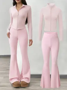 Women's Cute Zip-Up Crop Jacket & Flare Pants Set, Womenswear, Casual Loungewear & Streetwear, Fitted Letter Pattern, Perfect for Everyday Wear, Stretchy Outfit Sets