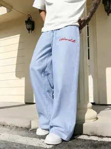 Men’s and women’s versions of blue striped wide-leg pants with letter prints; casual-style pants featuring breathable and comfortable design, suitable for everyday wear, casual occasions, and home settings.