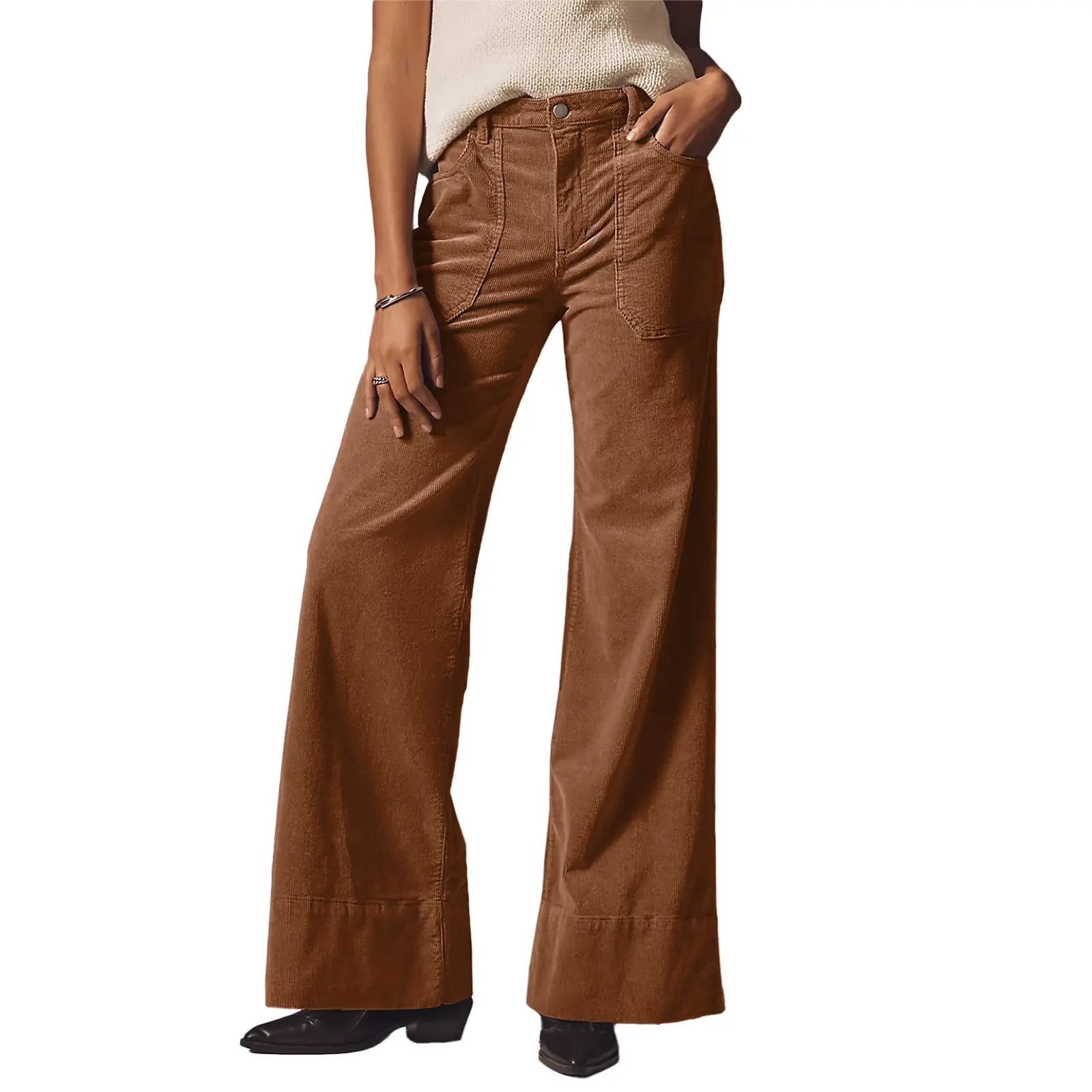 EVALESS Women's Medium-High Stretch Corduroy Pants High Waisted Button-Zipper Wide Leg Trousers Deals For You Days summer outfits,back to school shopping