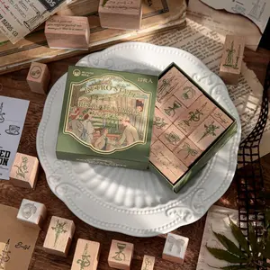 Vintage Tea Party Series Wooden Stamp Set, 12pcs/box Wooden Stamp, DIY Scrapbooking Stamp Set, Office Stationery & Supplies