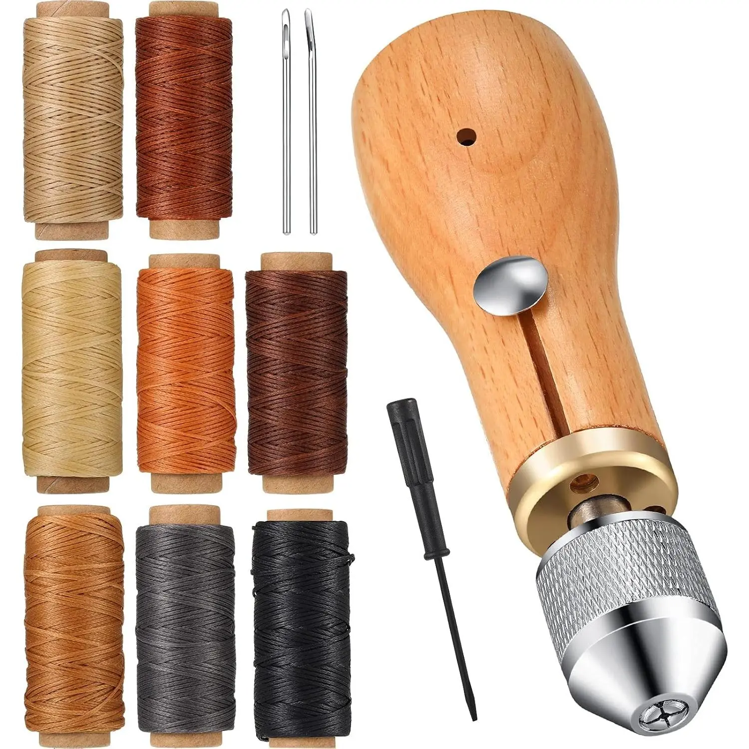 12 Pcs Sewing Awl Kit Portable Leather Sewing Awl Kit Including Handheld Sewing Repair Awl Straight and Bent Needles and 8 Rolls Waxed Threads with Small Screwdriver for DIY Craft