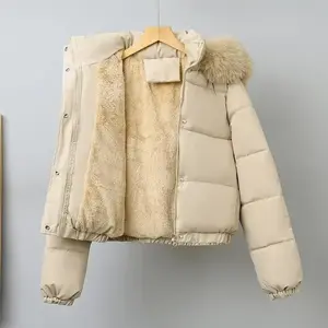 Winter Short Parkas Women's Cotton-padded Clothes Add Velvet Thicken Outerwear Fur Collar Removable Hooded Coats Warm Jackets Womenswear Tops(Sheets)