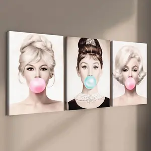 3 count wooden frame canvas prints, retro celebrity blowing bubble fun poster, fashion character art, exquisite mural, stylish bedroom decoration, modern home decoration, living room and corridor wall decoration, HD, waterproof, art