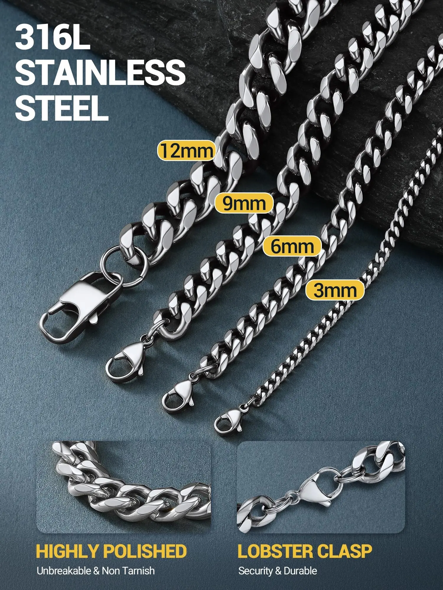 PROSTEEL Cuban Link Necklace Stainless Steel Miami Thick Chain Hip Hop Jewelry Length 14-30 inches Width 3/6/9/12mm Unisex For Men Women Gift Box