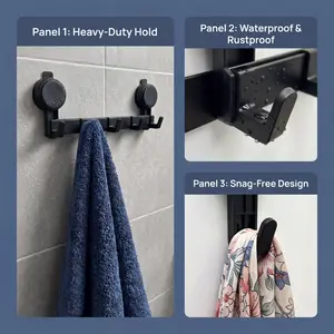 5-Hook Black Strong Suction Cup Wall Rack, No-Drill Damage-Free Reusable Heavy-Duty Organizer, Waterproof Rustproof Towel Holder Bathroom for Entryway, Removable Suction Cup Hooks