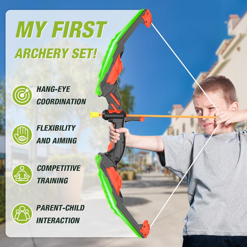Bow and Arrow for Kids, LED Light Up Archery Set with 12 Suction Cup Arrows, 1 Standing Target, 3 Score Targets & 1 Quiver, Indoor Outdoor Sport Gifts for Boys Girls Ages 4-12, Green