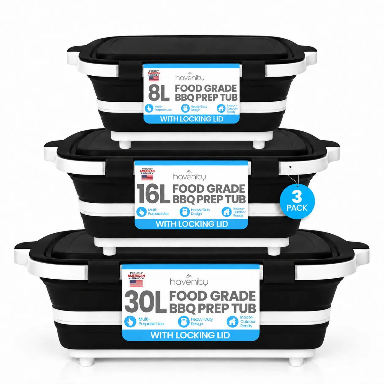 Havenity Rectangular BBQ Prep Tub 3-Pack Bundle - 8L,16L,30L BPA-Free Collapsible Food-Grade Camp Kitchen Set with Airtight Lids, Cutting Boards, Resealable Containers for Grilling, Marinating, Dishwasher-Safe