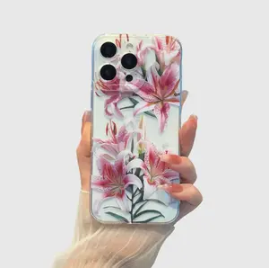 Pink lily pattern TPU mobile phone case，for iPhone 15 1614 Pro Max 13 12 11 XR XS Plus Non-YellowingClear Crystal Drop-proof Protection Slim SiliconeCover Cellphone Protective