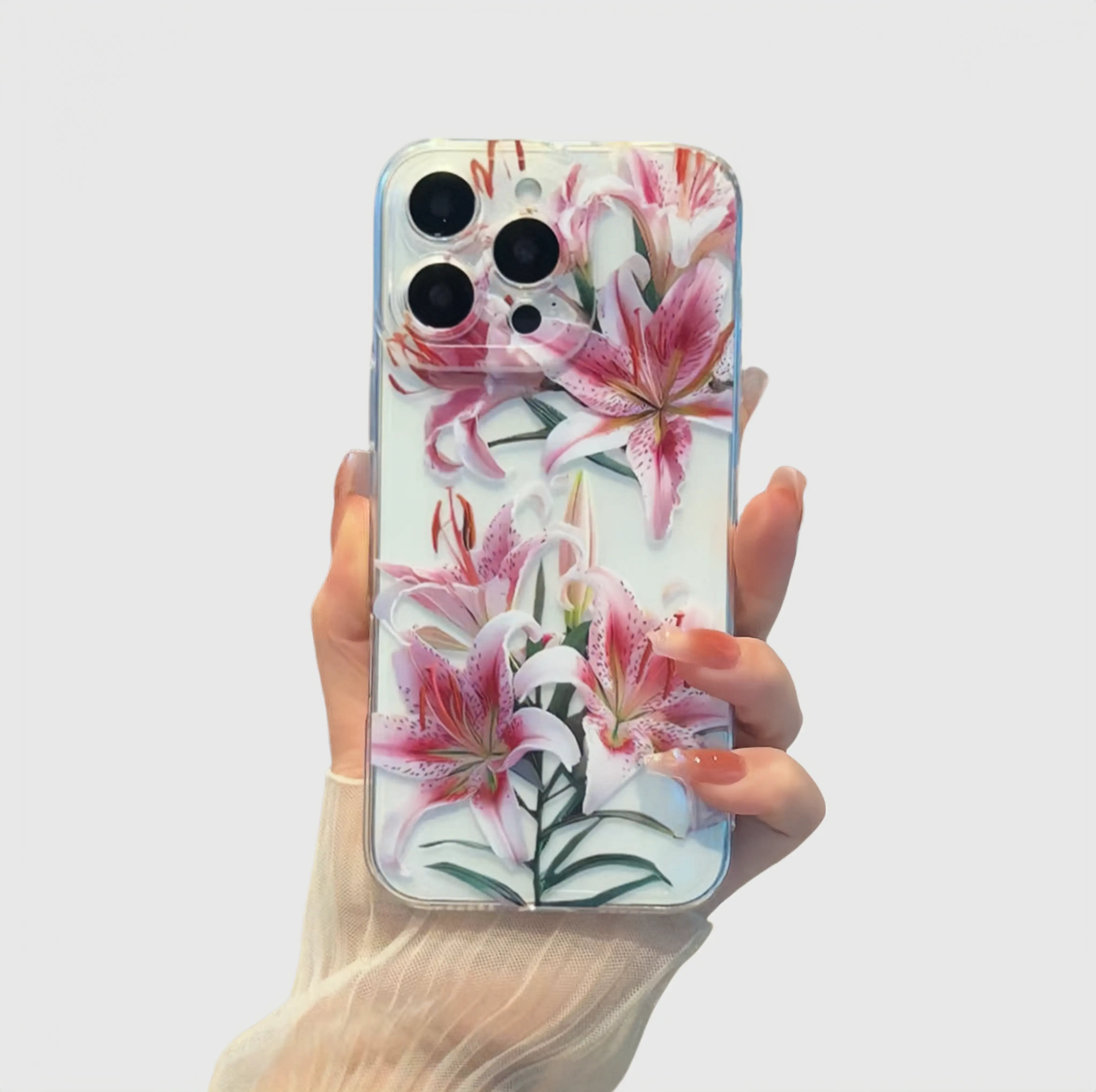 Pink lily pattern TPU mobile phone case，for iPhone 15 1614 Pro Max 13 12 11 XR XS Plus Non-YellowingClear Crystal Drop-proof Protection Slim SiliconeCover Cellphone Protective