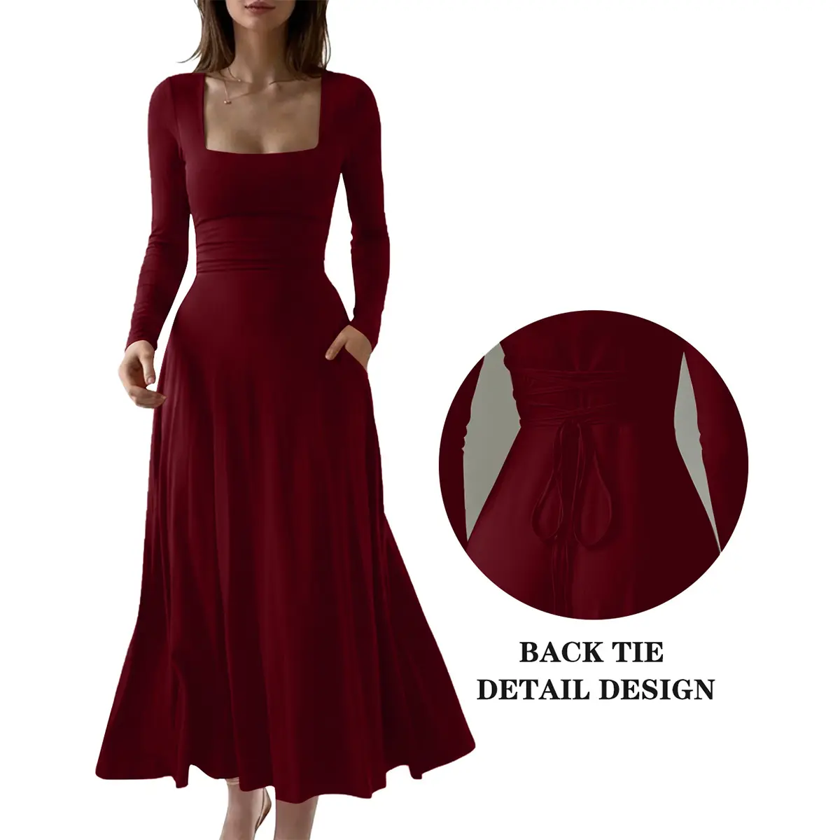 OYS Women's Casual Long Sleeve Square Neck A-Line Solid Back Tie Slim Flowy Corset Long Dress with Pockets
