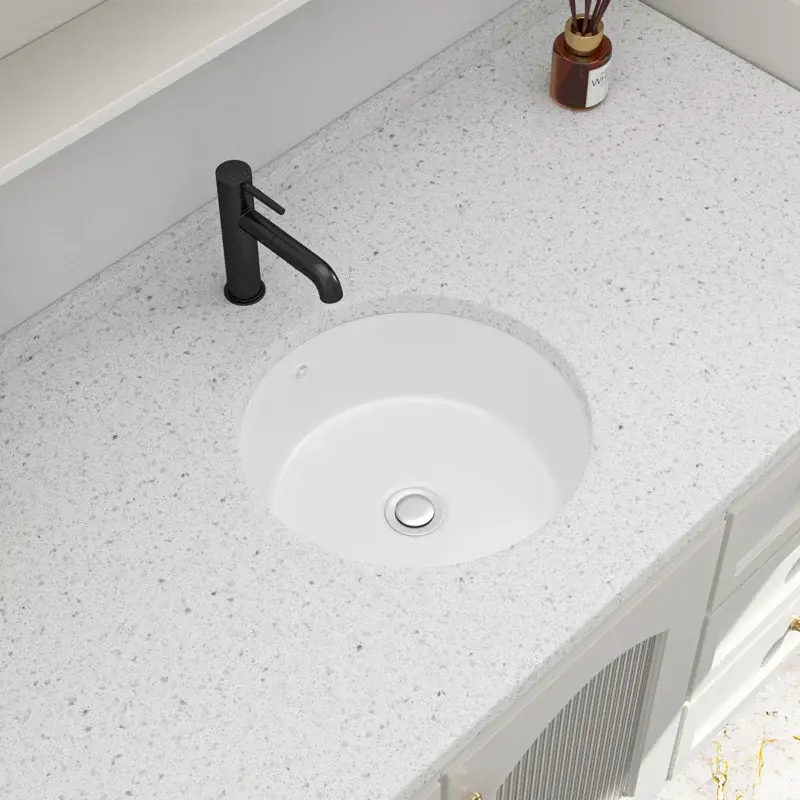 Logmey 15 Inch Round Undermount Bathroom Sink, White Ceramic Vanity Basin with Overflow Hole for Powder Room
