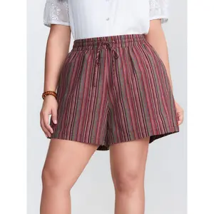 BLOOMCHIC Women's Plus-Size Lady Clothes - Smooth Rayon Fabric Striped Floral Pockets Shorts, Fit & Flattering Leg Design Maroon Womenswear 2026 Summer Vibes Swimweek