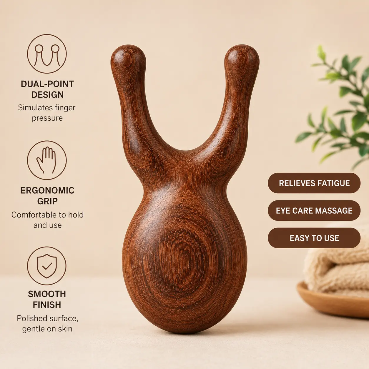 1 Count, Solid Sandalwood Massager, Rounded Tip Design, for Facial, Eye and Nose Daily Massage