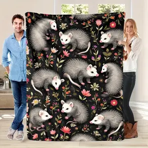 Black possum pattern blanket, adorned with pink flowers and gray possum design, soft and comfortable thin blanket, perfect for camping, travel, and as a birthday gift for women and men, available in multiple sizes.
