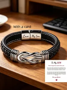 To My Son Infinity Knot Bracelet, Forever Linked Together Leather & Stainless Steel Engraved Jewelry from Mom for Birthday Christmas