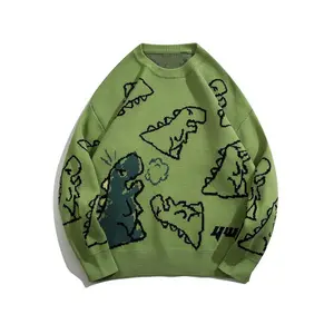 Cartoon dinosaur pattern knit sweater, men's casual warm slightly elastic round neck pullover sweater for autumn and winter
