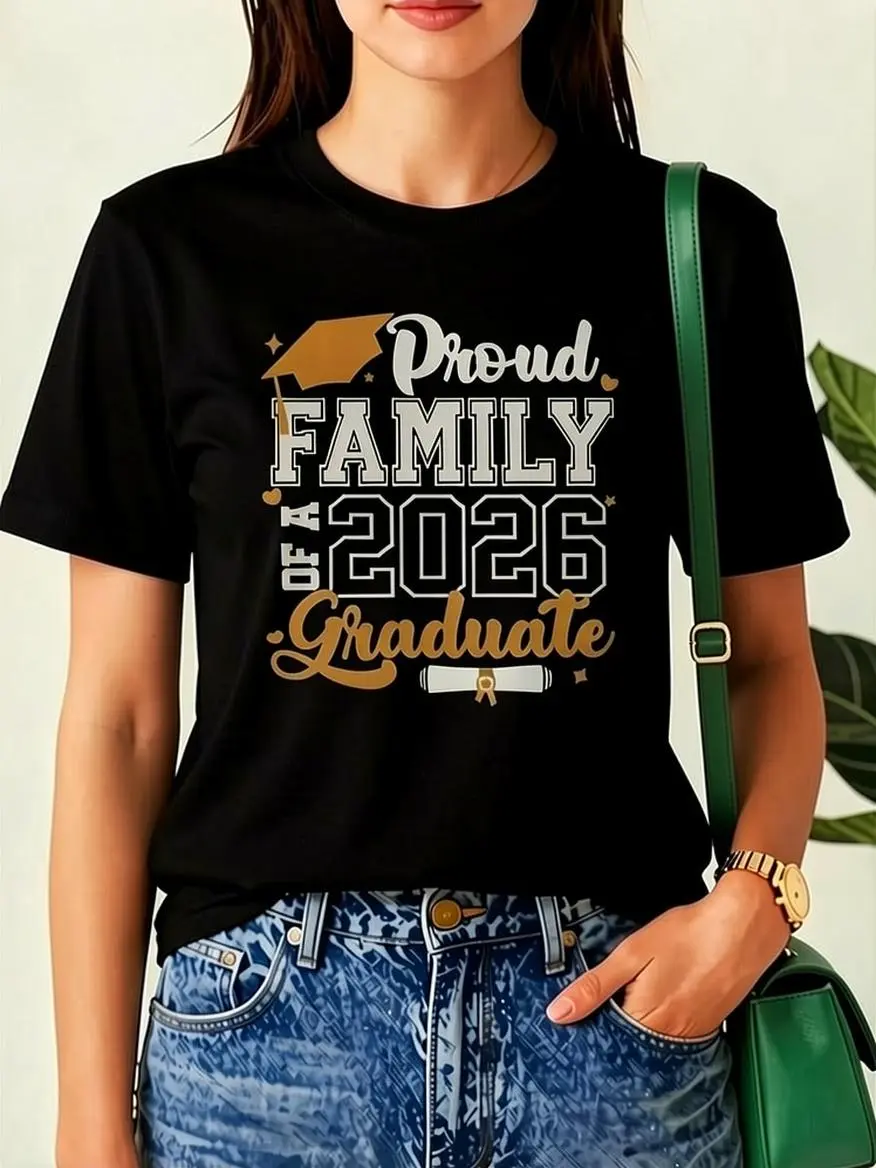 Women's 100% Cotton Short-Sleeve Crew Neck T-Shirt - Class of 2026 Senior Graduate Proud Family Digital Print, Breathable Fabric, Casual Unisex Fit Sporty Knitted Custom Basics Top, Pure Cotton