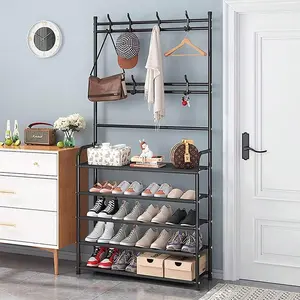Coat Rack Shoe Rack With Storage Shelf Freestanding with8 Hooks for Entryway Bedroom Closet 5 Tier Black