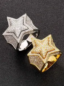 Men's Hip-Hop 3D Star Ring with Micropaved Zircon Stones, Fashionable Stylish Trendy Statement Jewelry for Casual Wear, Cubic Zirconia Rings