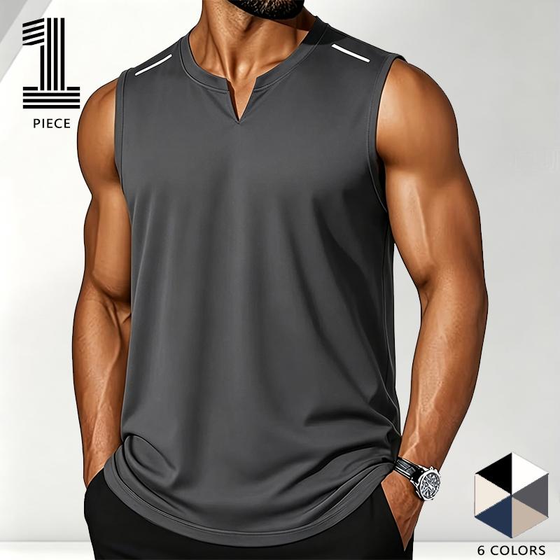 Popular European and American muscle fitness apparel: a small V-neck sleeveless sports T-shirt for men, quick-dry fitness tank top with high elasticity and reflective shoulder stripes; wearing it alone highlights muscle lines, and layering doesn’t add bul