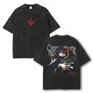 Mens Womens Black Washed Code Geass Lelouch Lamperouge Zero Retro Distressed Washed Gothic Ornamental Rebellion Graphic Tee Short Sleeve Crewneck Cotton Top for Dark Political Streetwear Enthusiasts and Daily Casual Wear